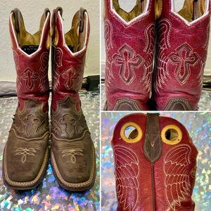Reyme Mex Sz 25 Brown Red Leather Square Toe Cowboy Western Boots Cross Wings